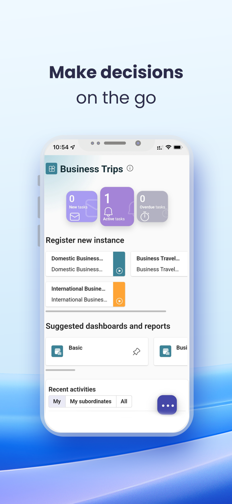 WEBCON BPS Mobile App-Oberfläche, die das Management von Geschäftsreiseaufgaben und Workflow-Dashboards zeigt