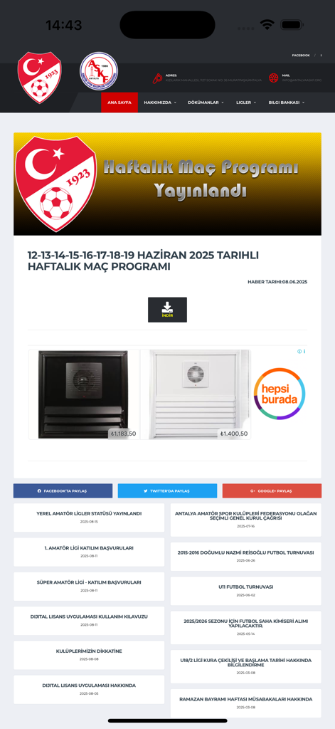 Antalya ASKF - Pantalla de inicio de la aplicación móvil Antalya ASKF que muestra noticias deportivas amateur locales y horarios de partidos