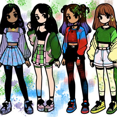 one girl with crop-top shirt and a jacket with a skirt, long socks and another girl with a shirt and pants with a jacket