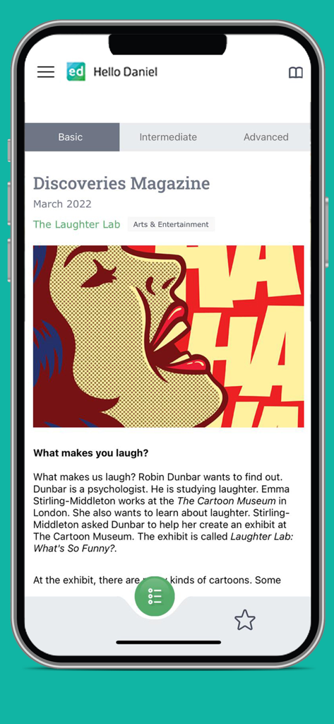 English Discoveries mobile app displaying a basic level reading lesson featuring an article from Discoveries Magazine.