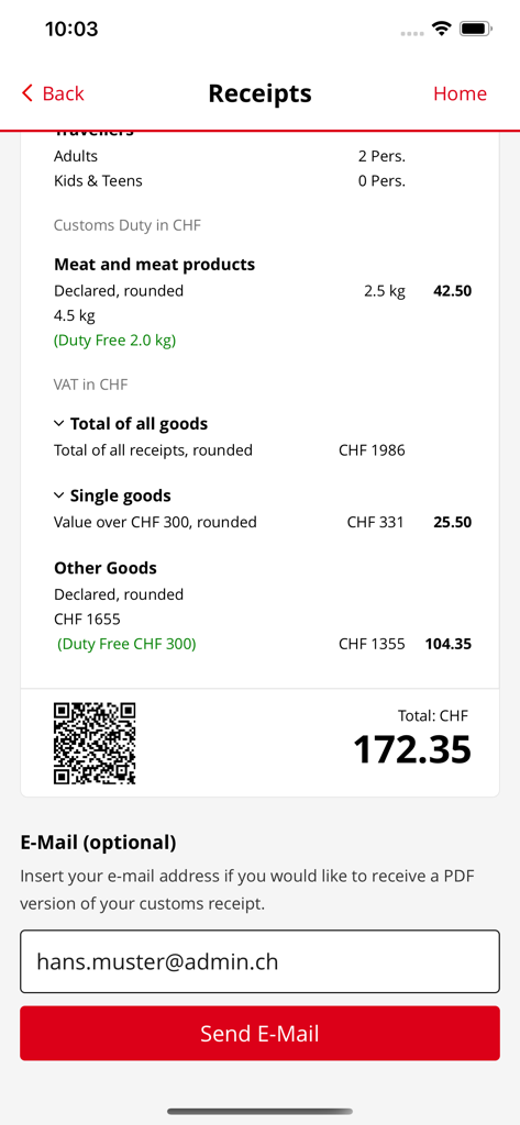QuickZoll - A digital receipt from the QuickZoll app showing customs duties and a total amount in Swiss Francs.