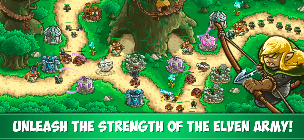 Elven army and towers defending a path in Kingdom Rush Origins tower defense