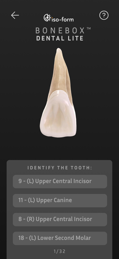 Interactive 3D tooth identification quiz on the BoneBox Dental Lite mobile app.