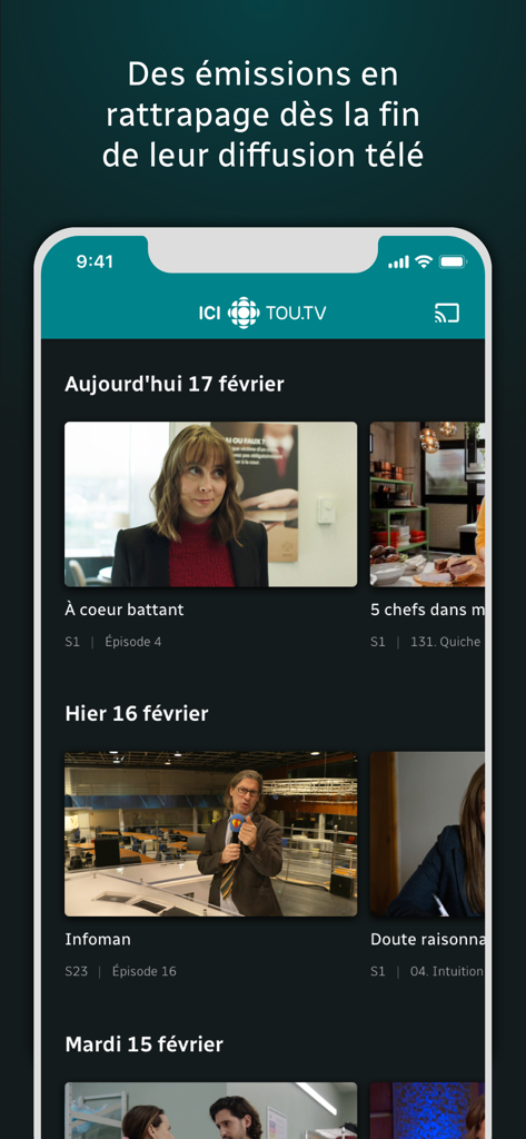 ICI TOU.TV - Aplicación ICI TOU.TV que muestra programas de televisión para ponerse al día organizados por fecha