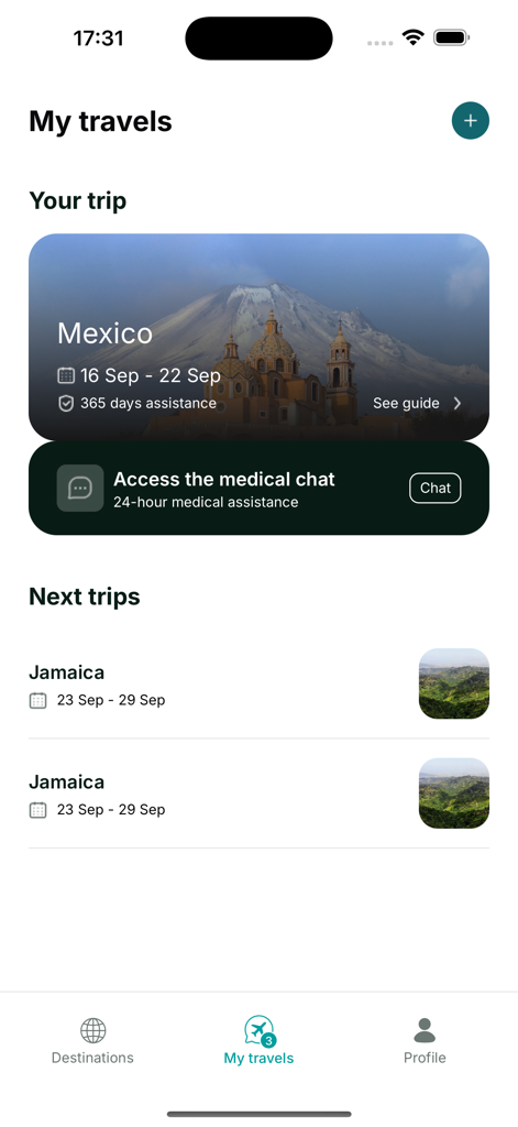 famba - Smartphone screen showing the famba app's travel itinerary and medical chat interface.