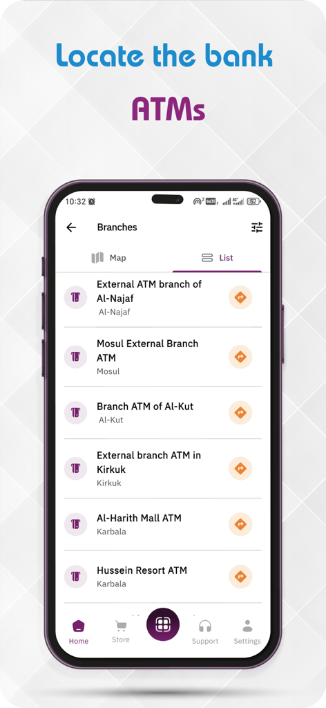 Trust Bank mobile app branch and ATM locator screen