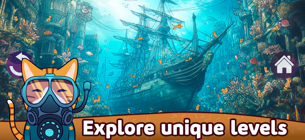 Hidden Cat 2: find the object - Uma cena subaquática desenhada à mão de um naufrágio com um gato de equipamento de mergulho de Hidden Cat 2