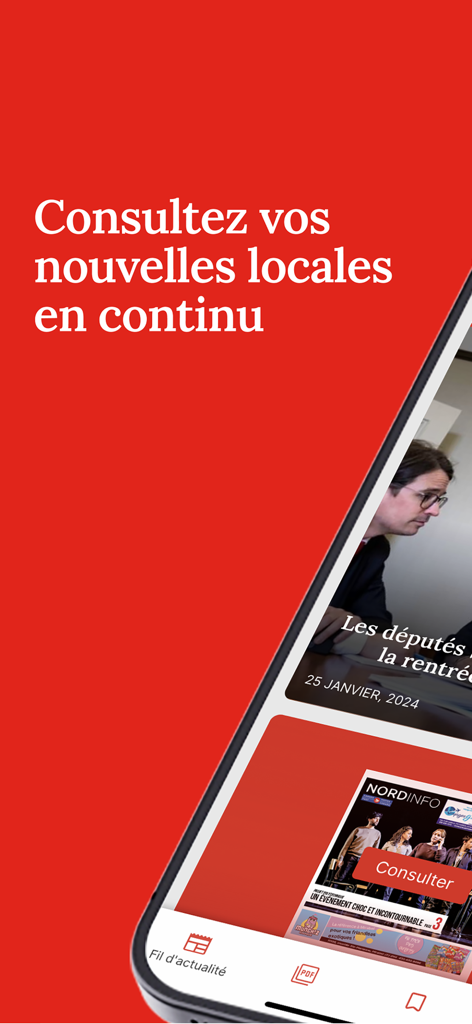 Nord Info - Interface of the Nord Info mobile app showing local news headlines in French.