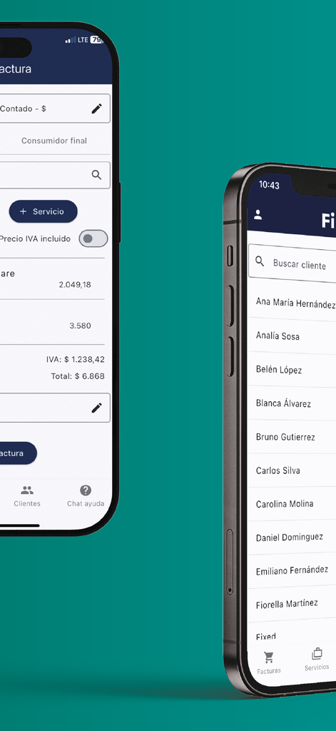 Fixed Facturación Electrónica - Interfaz de la aplicación Fixed Facturación Electrónica mostrando el cálculo de facturas y la gestión de listas de clientes en dispositivos móviles.
