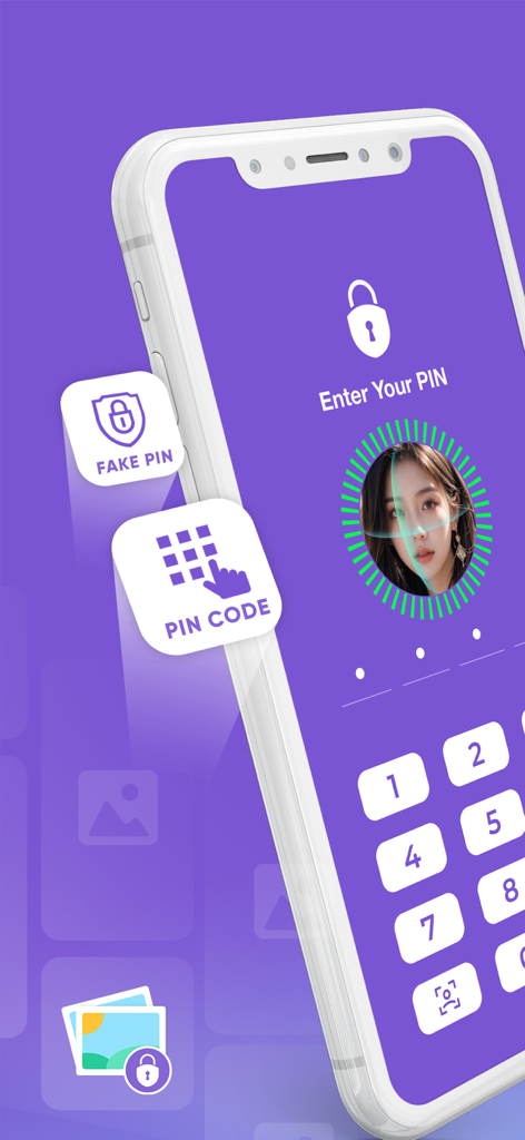 Photo vault - Photo lock app - A smartphone screen displaying the photo vault app login page with options for PIN code and Face ID security.