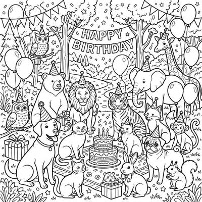 Get ready for a wild celebration with this vibrant coloring page featuring a grand animal birthday party. Lions, elephants, bears, and many more of your favorite creatures are gathered to share cake, presents, and endless fun in a lush forest setting.