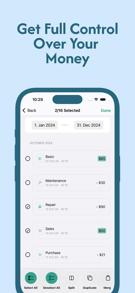 Accounting Bookkeeping Ledger - Mobile app interface showing a list of business transactions with options to split duplicate or merge entries