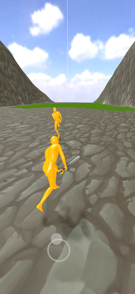 Eine orangefarbene Ragdoll-Figur hält ein Schwert in einer felsigen Talumgebung.