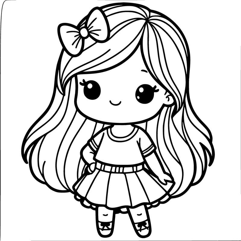 a little girl with long hair, a t shirt and a skirt with a bow on her head