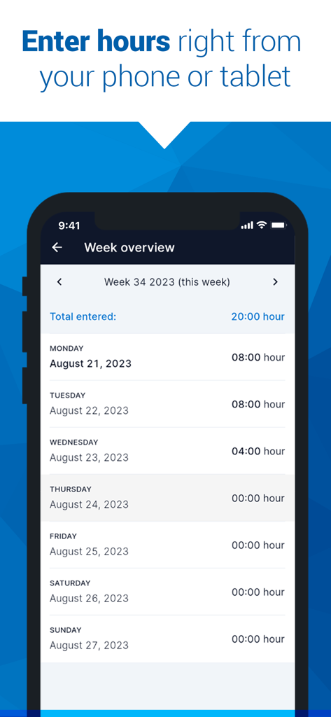 AFAS Pocket - AFAS Pocket app week overview screen for entering work hours