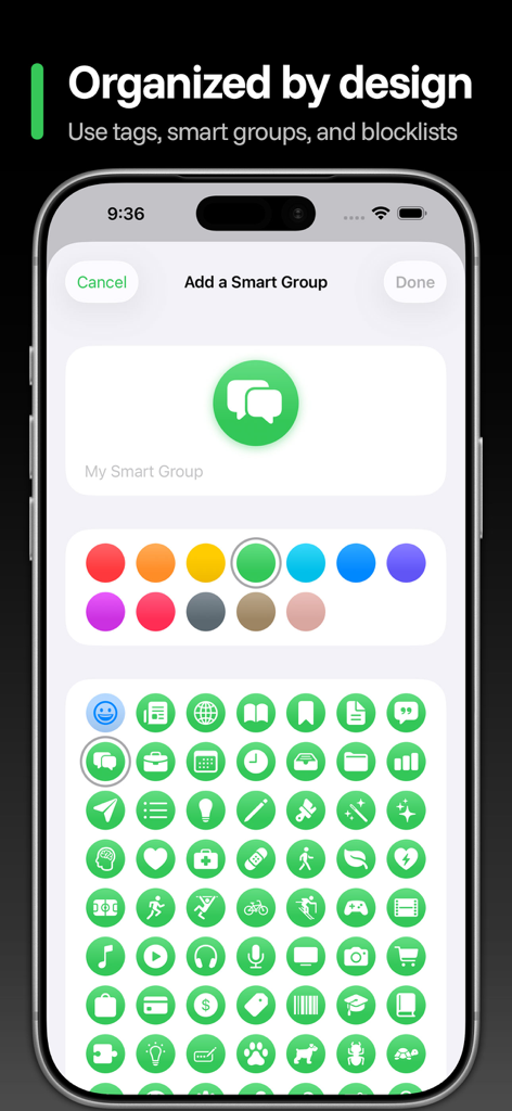 Newsbin-App-Oberfläche zum Erstellen und Anpassen von intelligenten Gruppen mit verschiedenen Symbolen und Farben.