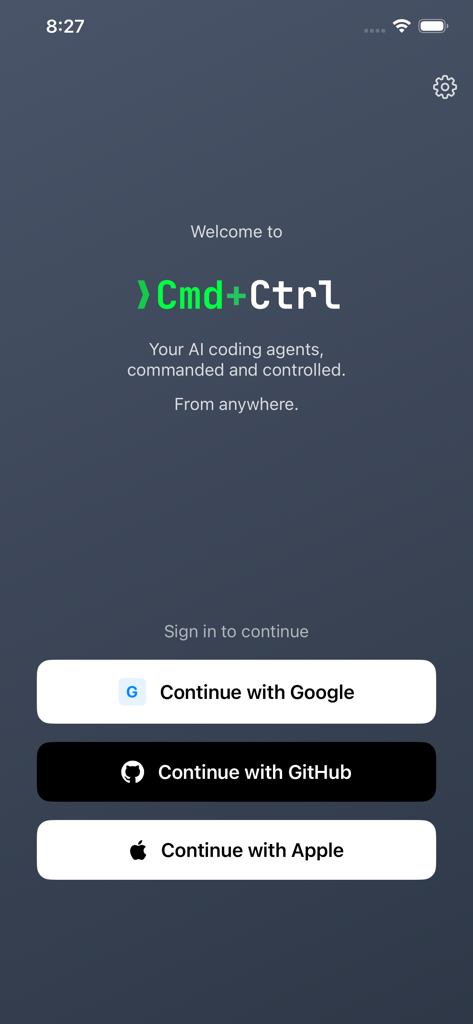 Cmd+Ctrl - Schermata di benvenuto dell'app mobile Cmd+Ctrl con pulsanti di accesso social per Google, GitHub e Apple.