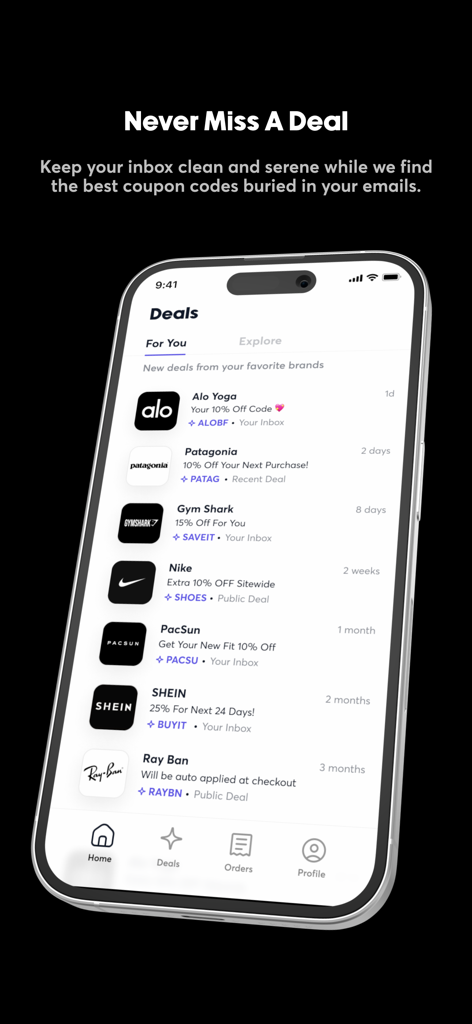 Tin app interface showing a personalized list of discount codes and deals from brands like Nike Patagonia and SHEIN
