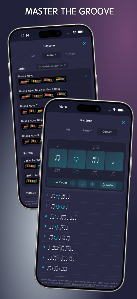 Écrans de l'application Metronom montrant des rythmes latins et un constructeur de rythme personnalisé pour musiciens.