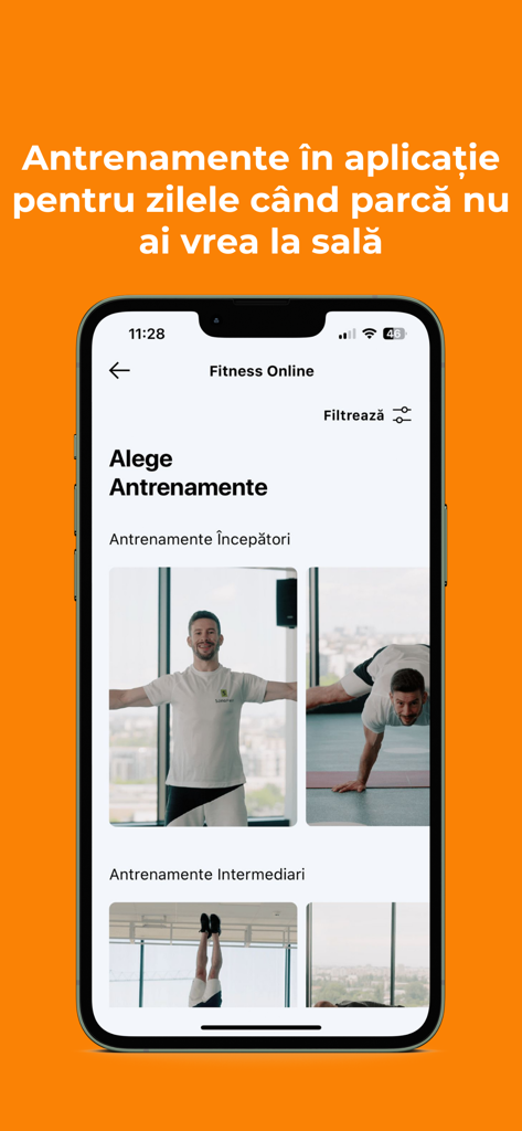 SanoPass app interface displaying available online fitness workout videos for beginners and intermediate users
