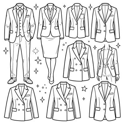 Discover a world of sophisticated style with this engaging coloring page featuring various suits and blazers. Designed for kids aged 4-8, it offers clear lines and fun details perfect for little fashionistas.