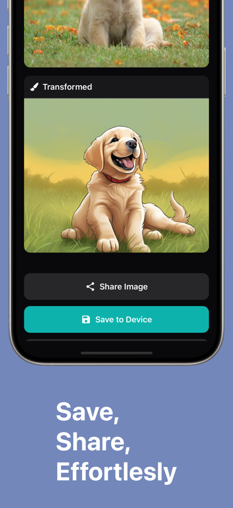Animefy AI - Anime & Cartoon - Cartoon style transformation of a golden retriever puppy with options to save and share