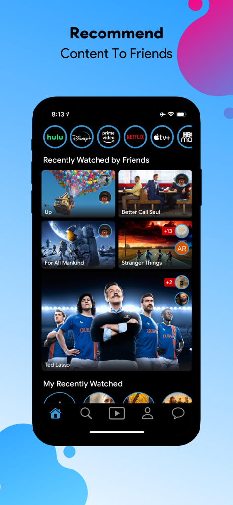 Gatsby: TV Guide & Tracker App - Interfaz de la app Gatsby que muestra series de TV y películas vistas recientemente por amigos en diferentes plataformas de streaming.