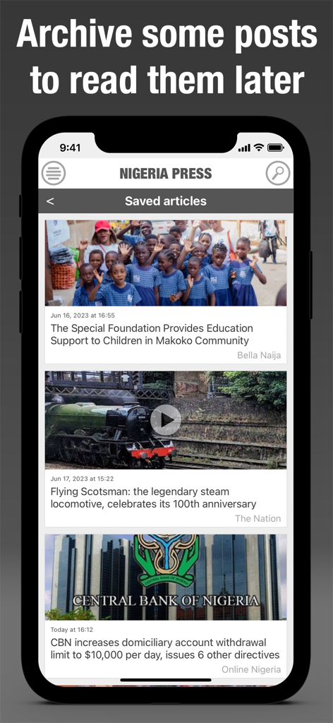 Nigeria Press - Nigeria Press mobile app interface showing the saved articles section to read news later.