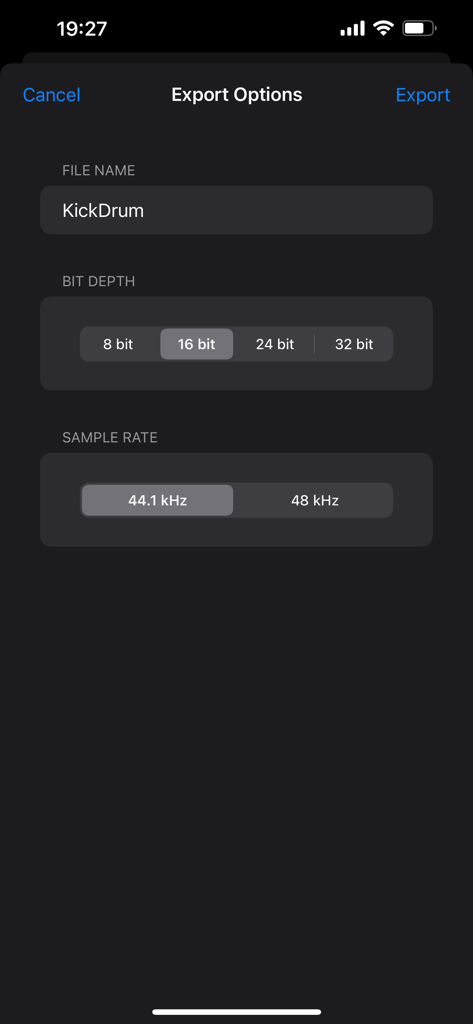 Waveform Camera - Bildschirmeinstellungen für den Export in der Waveform Camera, die Audioqualitätsoptionen einschließlich Bit-Tiefe und Abtastrate zeigen.
