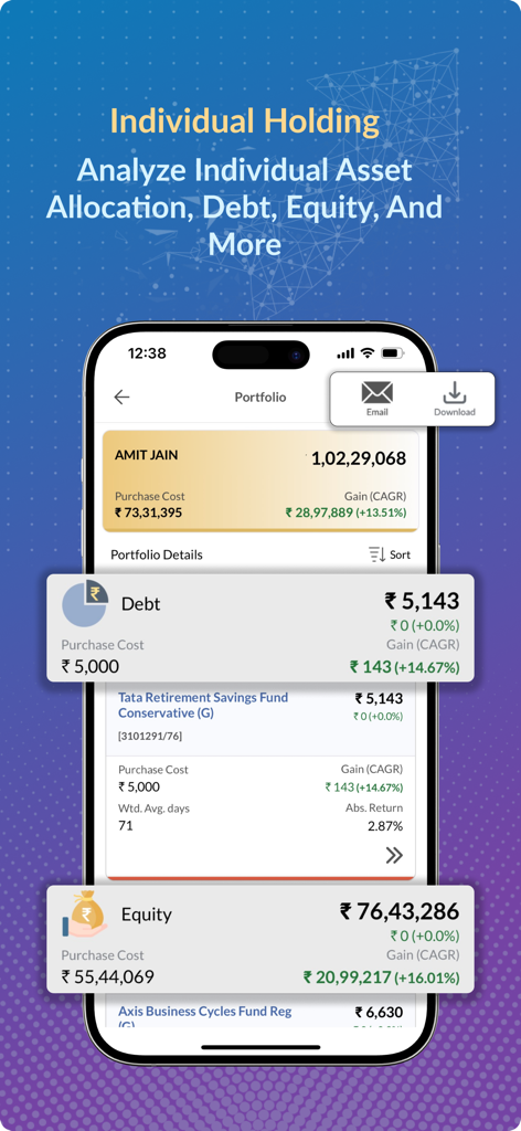 Mint by Investwell - Portfolio-Bildschirm der Mint by Investwell App, der die Vermögensallokation in Schuld- und Aktienanlagen mit CAGR-Renditen zeigt.
