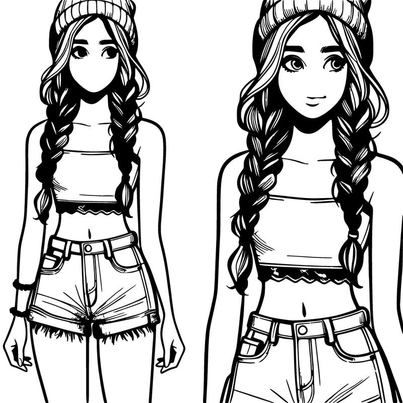 a teenage girl with a crop top and jean shorts with braided hair and a beanie