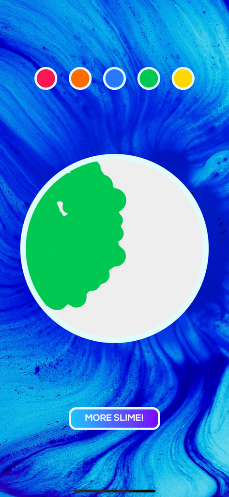 DIY Slime Simulator Fun - A digital slime creation screen showing green slime in a white circle with colorful selection dots on a blue background.