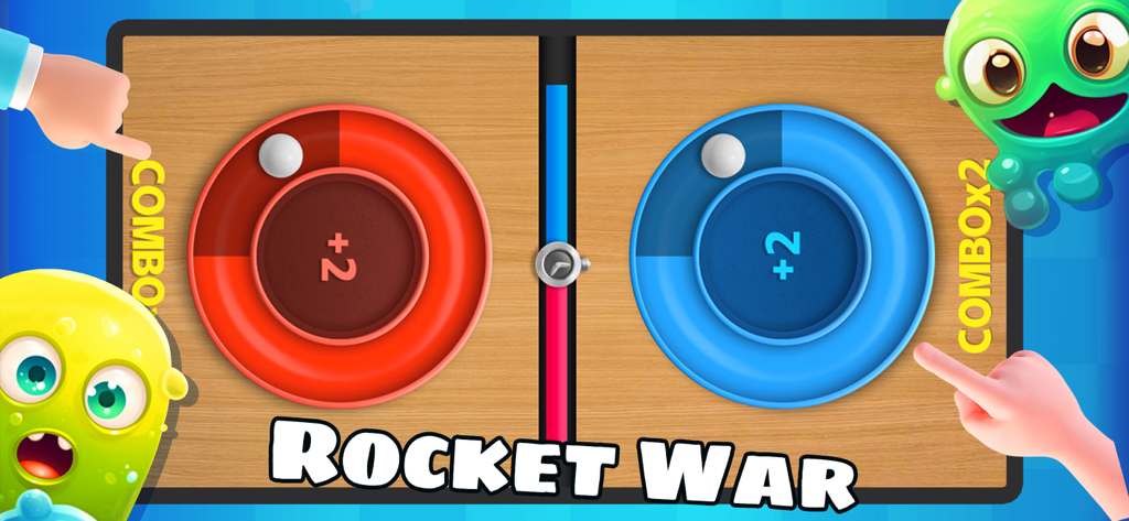 Mini juego 1vs1 de guerra de cohetes multijugador que muestra círculos de reflejos rojos y azules