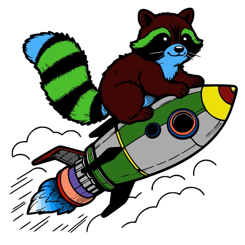 realistic raccoon flying on top rocket ship