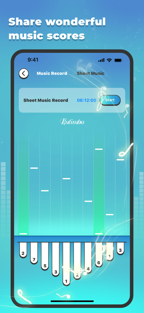 Kalimba: Play&Melody Share - Interface of the Kalimba app showing a virtual thumb piano and falling musical notes on a blue background