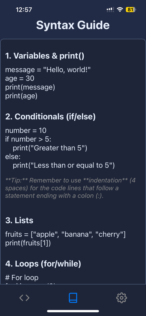 Python Sandbox - A syntax guide screen in the Python Sandbox app showing code examples for variables and conditionals.