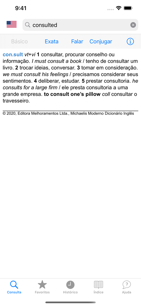 Dicionário Michaelis Inglês - Interface of the Michaelis English Portuguese dictionary app showing the definition and examples for the word consult