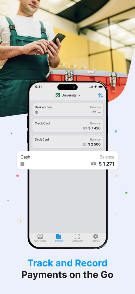 Orderry - Orderry mobile app interface showing account balances to track and record payments on the go