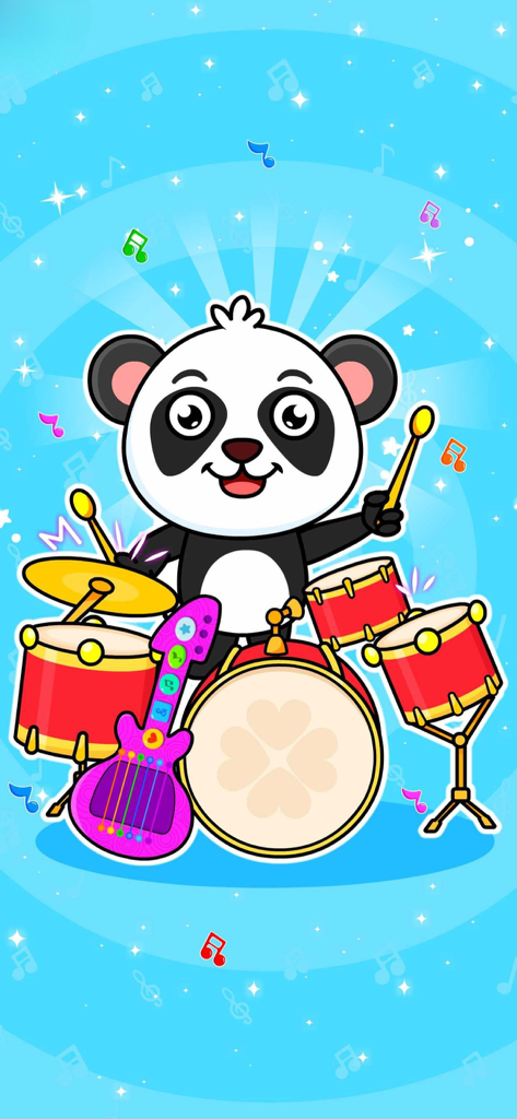 A cute cartoon panda playing a drum set in a music game for kids