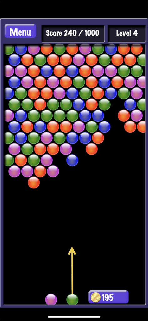 Bubble Shooter - Addictive! - Klassisches Bubble-Shooter-Gameplay, das farbige Blasen und den Fortschritt von Level 4 zeigt