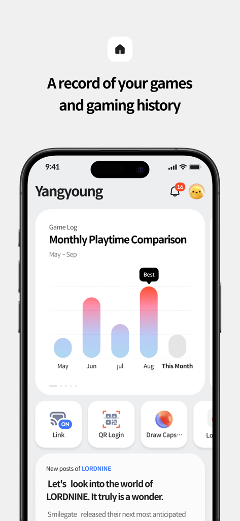 STOVE App - Écran de l'application STOVE affichant un graphique comparatif du temps de jeu mensuel et un résumé des journaux de jeu
