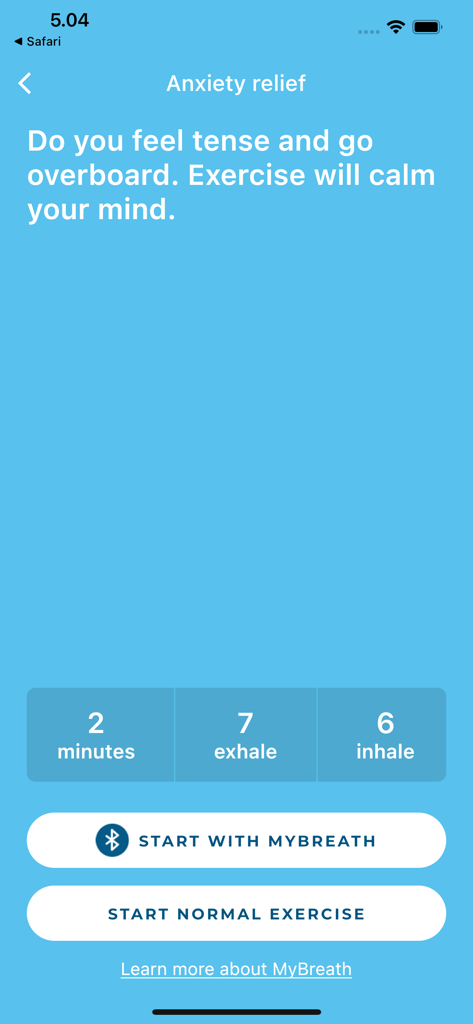 WellO2アプリの画面、不安解消のための呼吸セッション、吸気と呼気の指示を表示