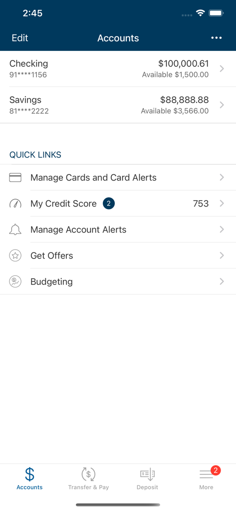 Golden 1 Mobile - Golden 1 Mobile app screen showing account balances and financial quick links