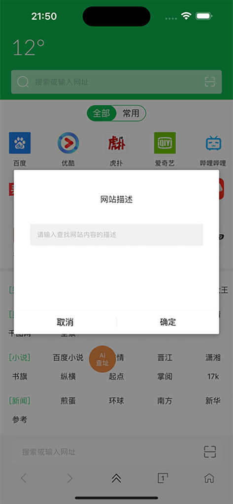 山丘阅读-本地阅读器txt小说阅读器 - Hill Reading app interface showing a novel browser with a search description popup.