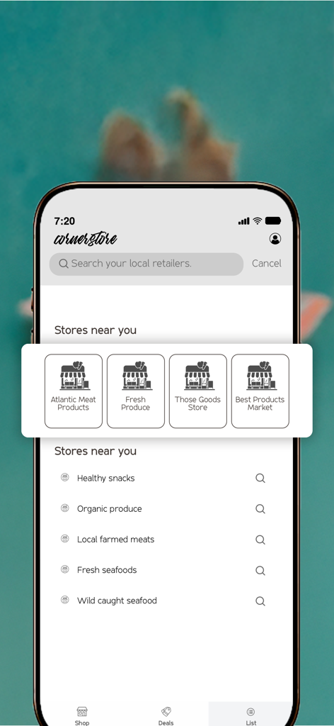 CornerStore - CornerStore mobile app interface showing a list of local retailers and food categories like organic produce and fresh seafood in New Brunswick.