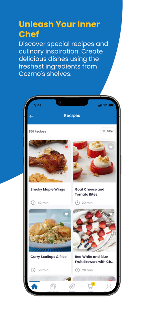 Cozmo app recipes screen displaying various dishes like Smoky Maple Wings and Curry Scallops with preparation times