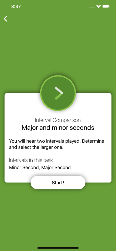 Compito di confronto di intervalli per seconde maggiori e minori nell'app di ear training Perfect Ear.