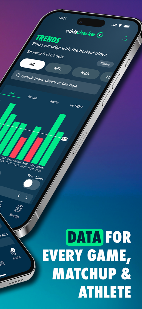 Oddschecker+ AI Betting Tools - Oddschecker plusアプリのインターフェース。スポーツベットのトレンドとプレイヤーデータをグラフで表示