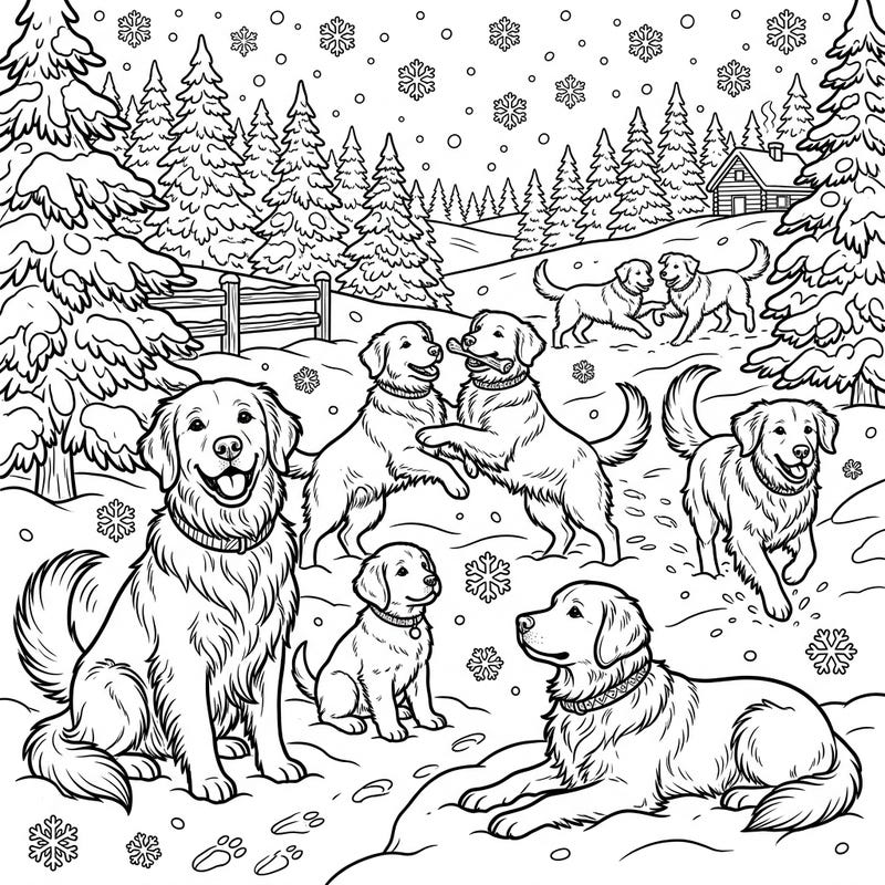 Celebrate the joy of the season with these adorable Golden Retrievers frolicking in a beautiful winter wonderland. This charming coloring page is perfect for dog lovers and anyone seeking a cozy, festive creative escape.