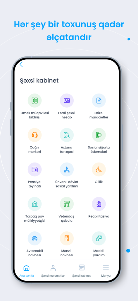 e-Sosial - Dashboard of the e-Sosial app displaying icons for various Azerbaijani social services